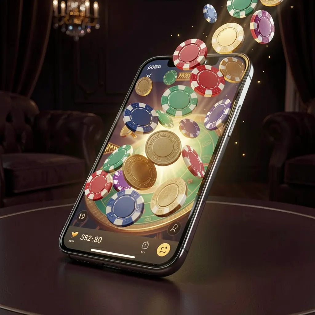 3U3U PH online gaming app displayed on a smartphone screen with glowing casino chips and coins emerging against a luxury dark background with cinematic lighting in a high detail 3D render