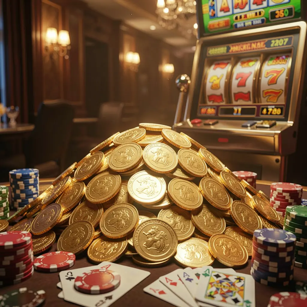 3U3U PH jackpot bonus scene featuring a huge pile of golden coins, a slot machine in the background, poker chips, and playing cards under cinematic luxury lighting