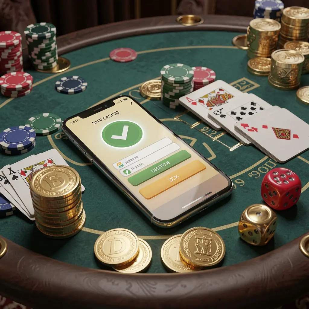 3U3U PH safe casino login concept showing a smartphone with a verification checkmark icon surrounded by chips, cards, dice, and golden coins on an elegant luxury casino table in a 3D realistic render
