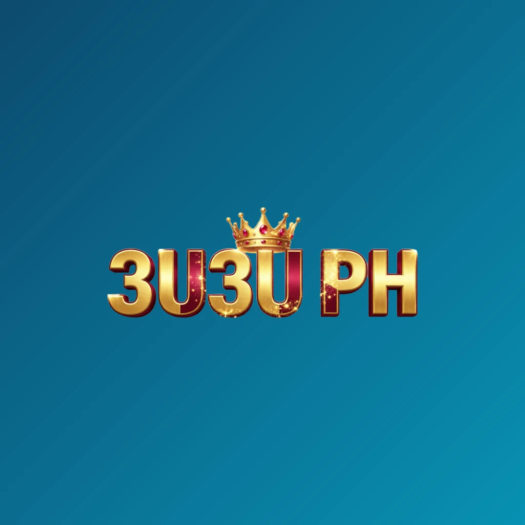 Dynamic casino-style logo for 3U3U PH featuring massive bold gold and crimson lettering with a glowing crown and sparkling light effects on a transparent background, designed as a wide horizontal rectangular wordmark for a website header