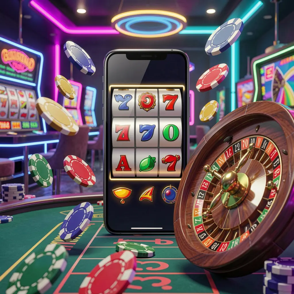 3U3U PH casino entertainment homepage concept featuring a modern mobile phone surrounded by floating slot symbols, roulette wheel, chips, and coins against a neon casino background in a premium 3D render